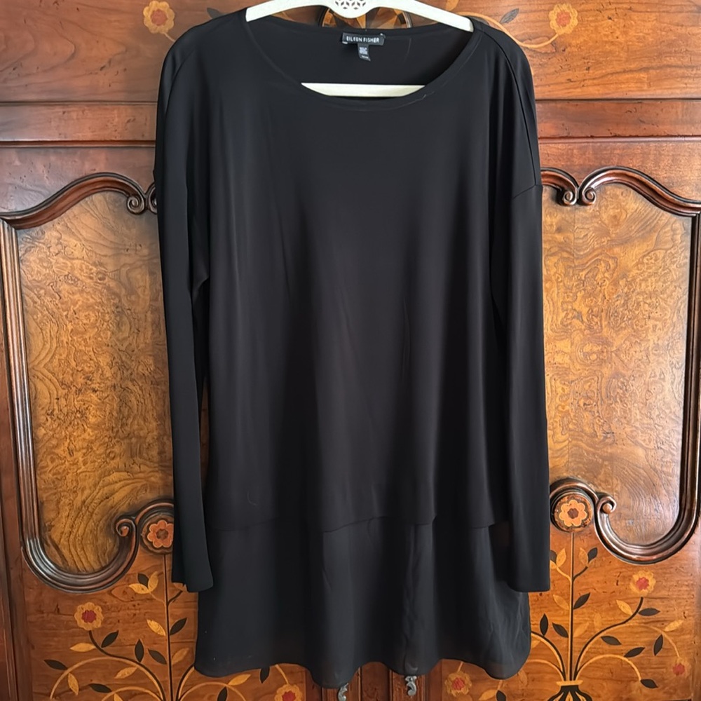 Eileen Fisher Black Silk With Sheer Hem Women's Top Size Medium